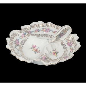 Vintage VICTORIA Czechoslovakia Porcelain Floral Divided Dish Finger Loop Handle